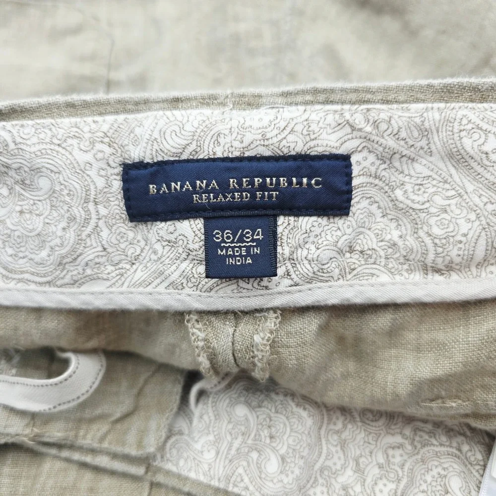 Banana Republic Mens 36X34 Fit 36X33 Tan 100% Linen Pants Flat Front Relaxed Fit
